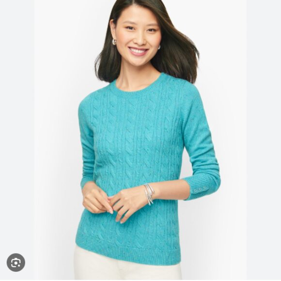 Talbots Button Cuff Cable Knit Tweed Sweater In Turquoise Preppy Crew Neck Sz 2X - Picture 1 of 6